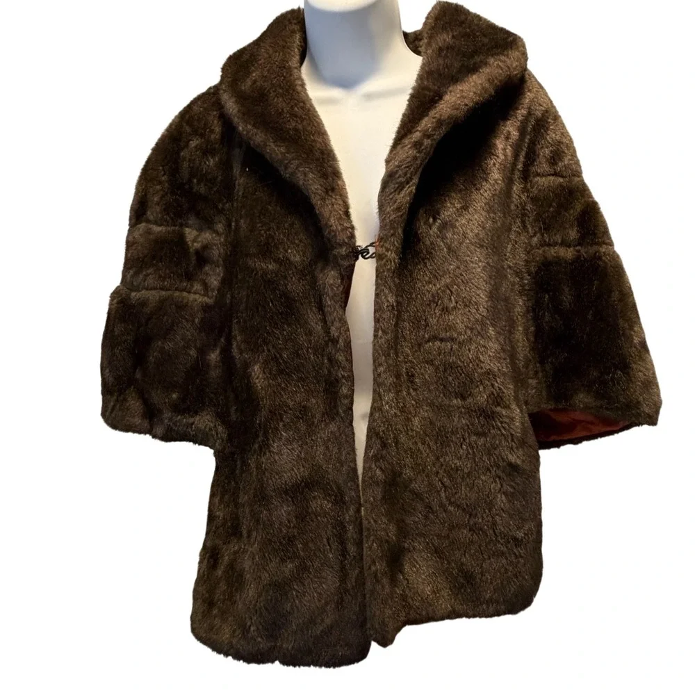 Vintage Faux Fur Capelet Jacket Brown Shawl Collar Bell Sleeves - Picture 3 of 7